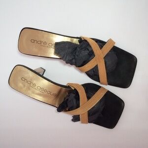 Andre Assous Couture Mini heels. Gold tone metal criss cross straps. Size 5 1/2.
